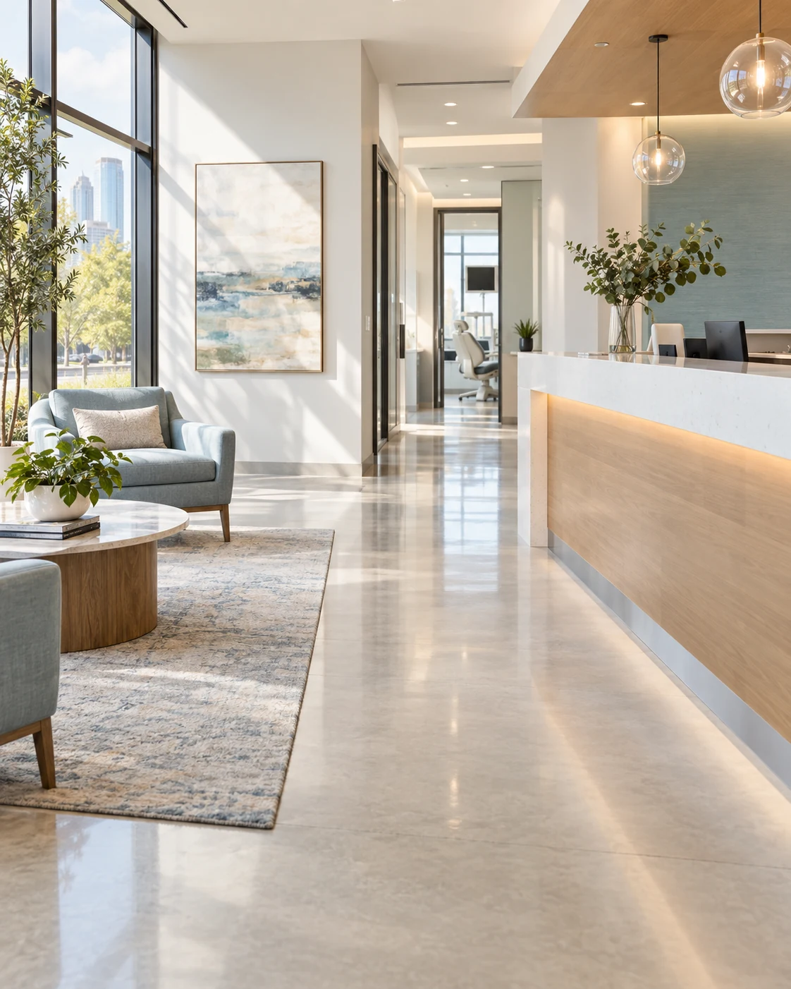 Bright, modern commercial reception area with warm wood finishes and natural light.
