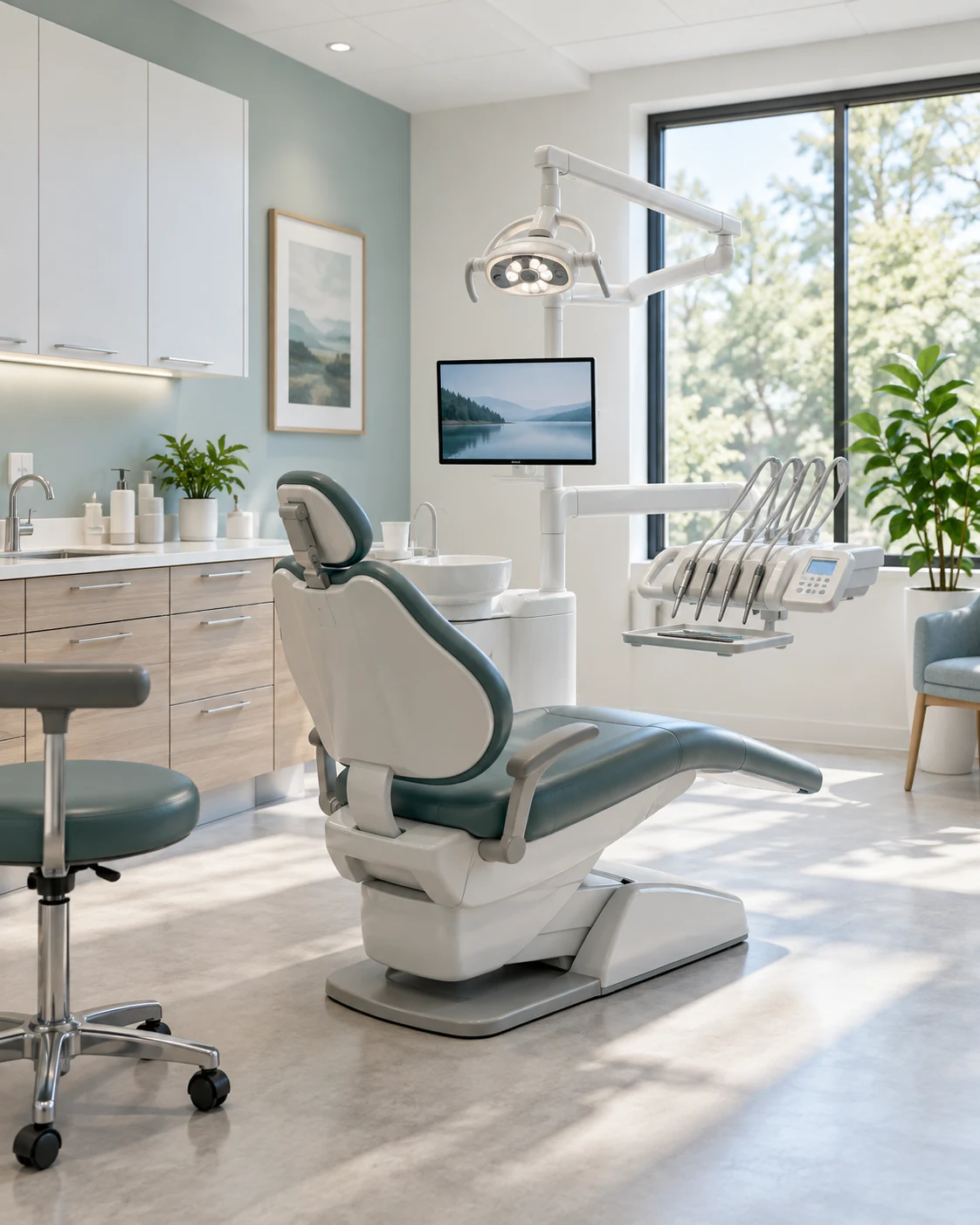 Bright, spotless dental treatment room with modern equipment and natural light.