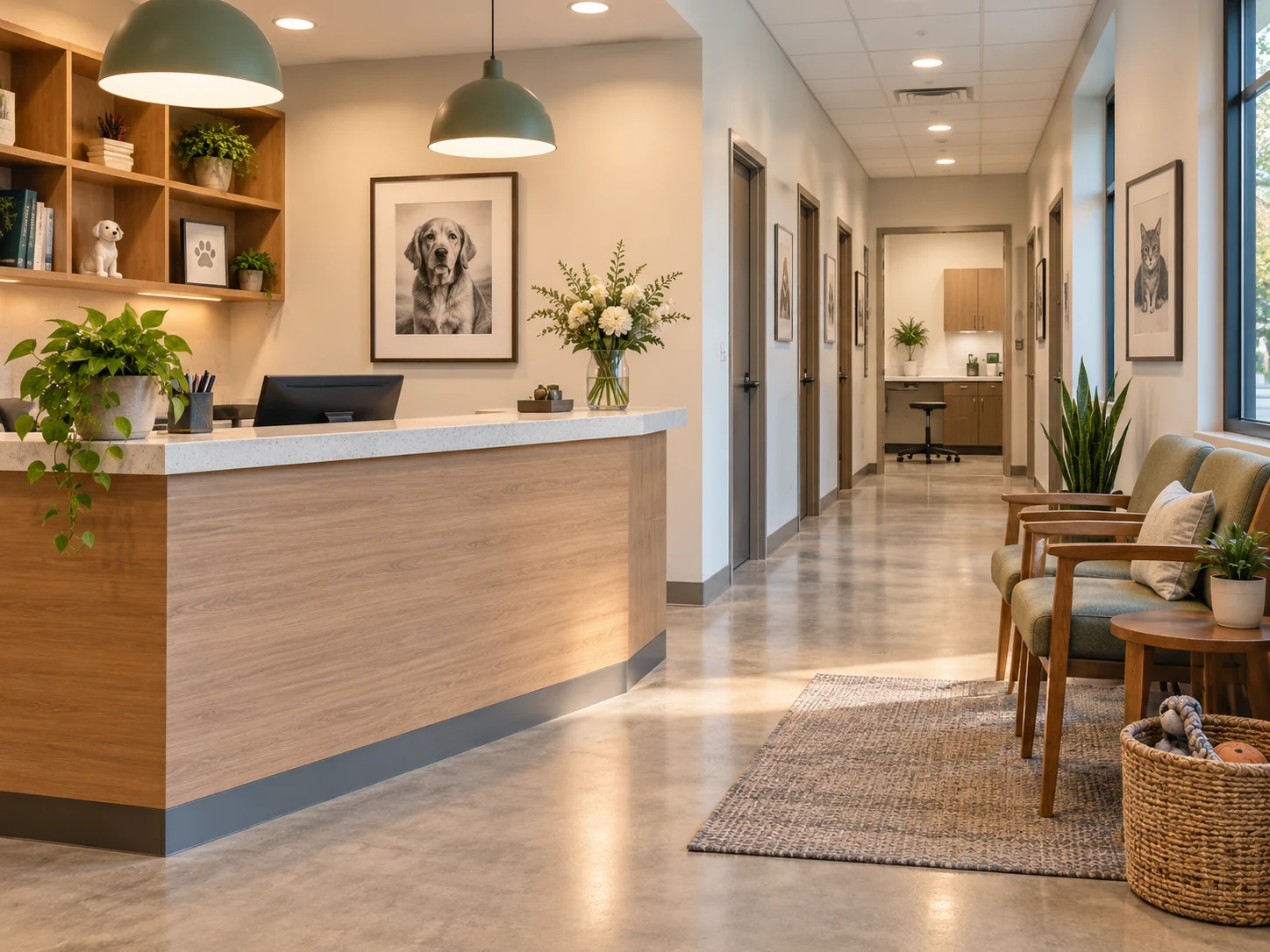 Warm, welcoming veterinary clinic reception and hallway kept clean and orderly.