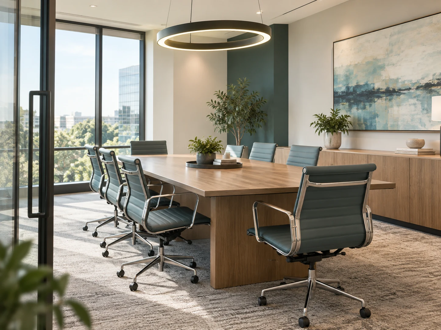 Modern professional conference room with a polished table, glass walls, and natural light.