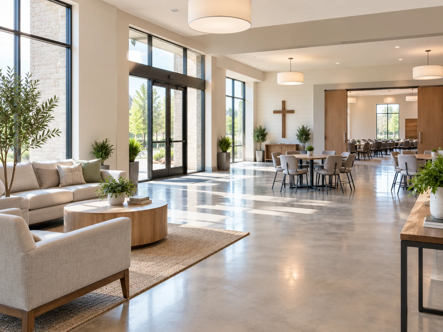 Bright church foyer and community space with clean floors, seating, and natural light.