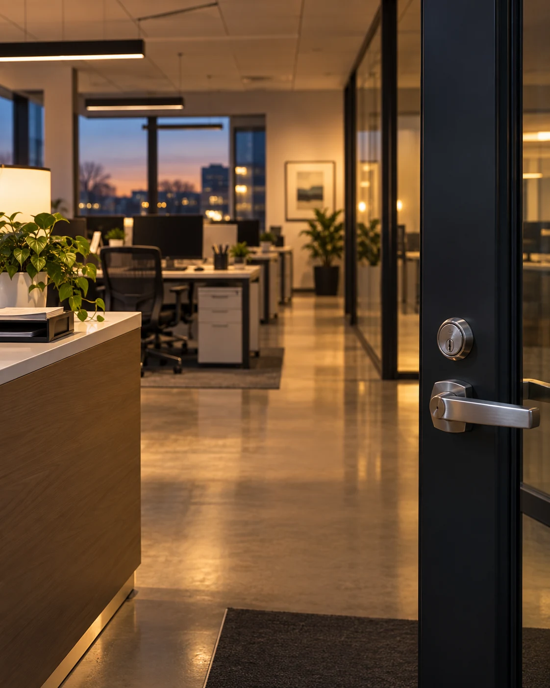 Orderly professional office at closing time viewed through an open entry door.