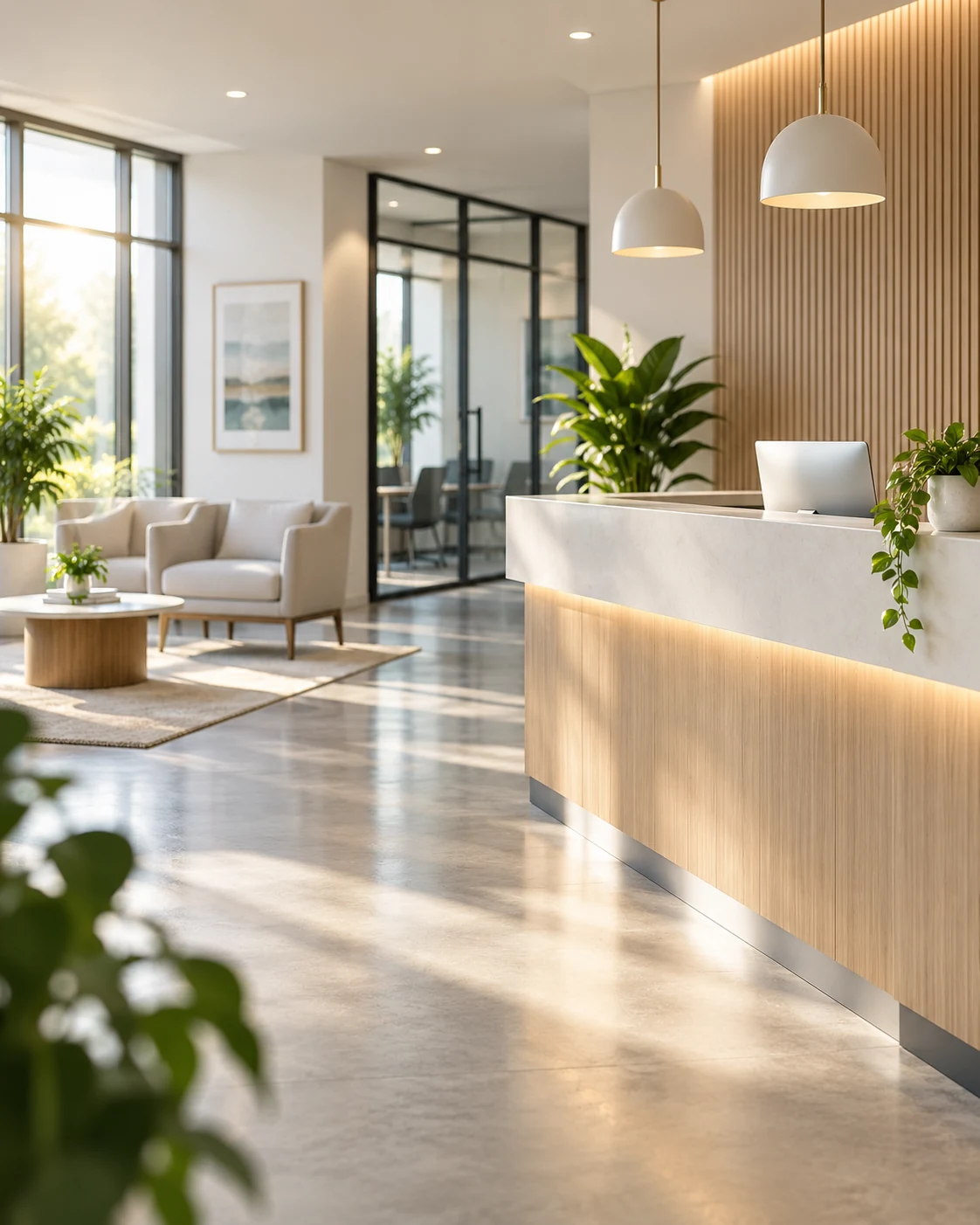 Immaculate sunlit office reception area ready for the start of the business day.