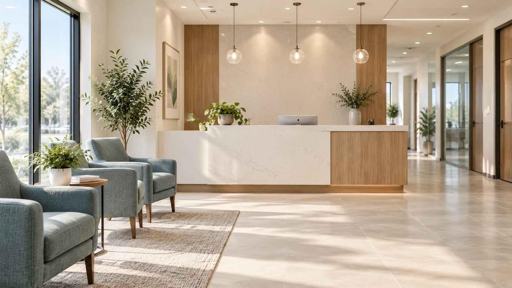 Bright, modern commercial office reception area with warm wood finishes, seating, and natural light.